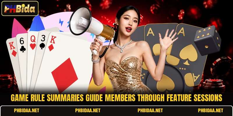 Game rule summaries guide members through feature sessions