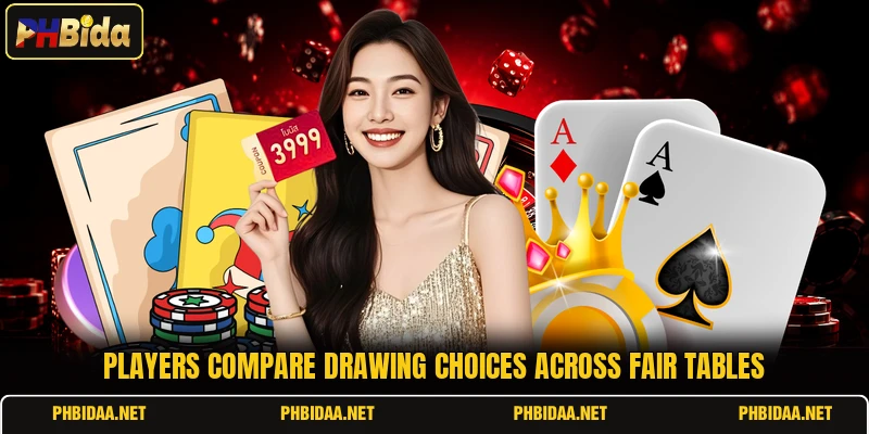 Players compare drawing choices across fair tables